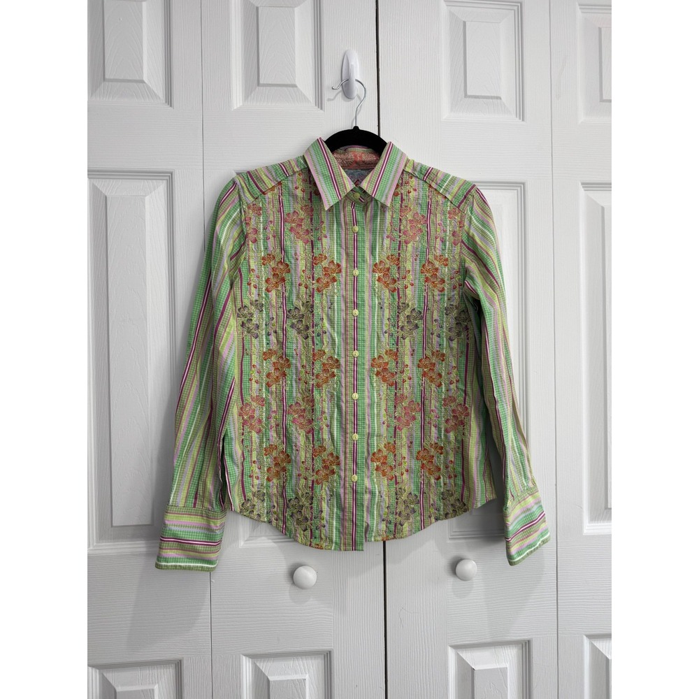 Robert Graham Floral Embroidered Shirt Women's Small Green Gingham 100% Cotton